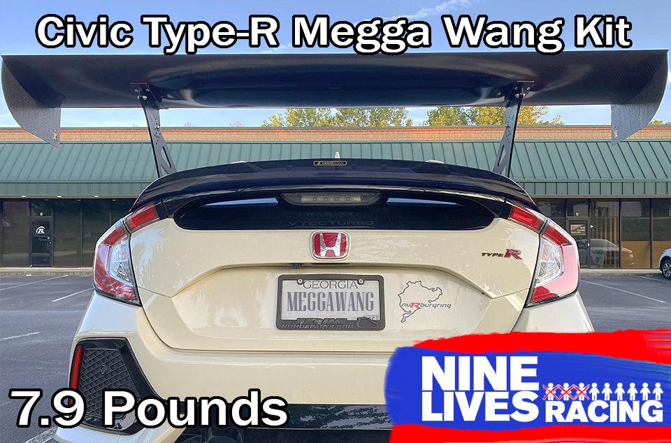 A Honda Civic Type-R featuring a prominent rear wing is parked in front of a green-roofed building. At the top, the text reads "Civic Type-R Wang Kit 2017+ FK8." The license plate displays "MEGGAWANG," and text in the bottom left corner indicates a weight of "7.9 Pounds." The 9livesracing logo appears in the bottom right, highlighting its superior down-force advantage.