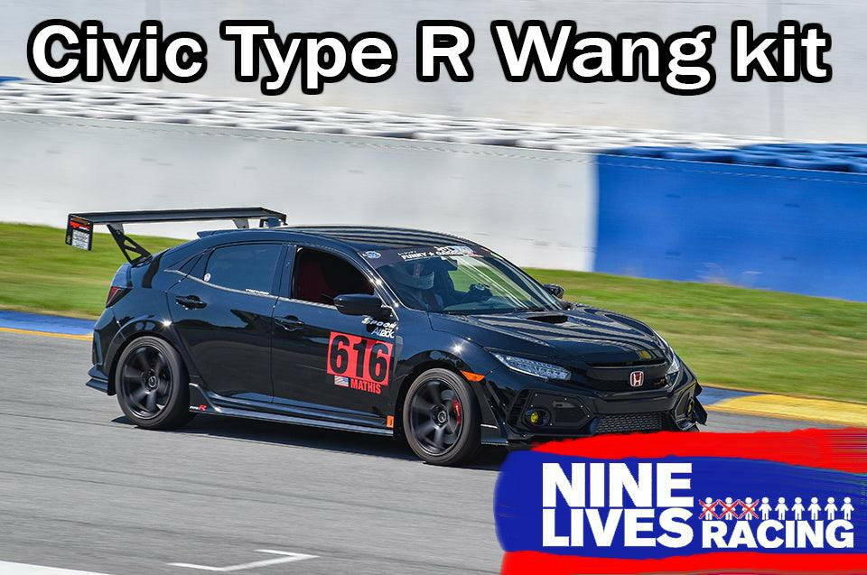 A black Honda Civic Type R, featuring a large spoiler and the number 616 on the side, races on a track. The text "Civic Type-R Wang kit 2017+ FK8" is displayed at the top, emphasizing its superior downforce capabilities. The "9livesracing" logo is positioned at the bottom right.