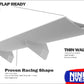 The Mustang Big Wang Kit '05-09 S197 by 9livesracing features a racing car wing with various annotations and labels showcasing its attributes. "Gurney Flap Ready" indicates quick downforce adjustments. Other highlights include "Thin Wall Built," "Proven Racing Shape," and the 9livesracing logo. Technical specs in smaller text enhance the aluminum wings designed for big Wang GT3 performance.