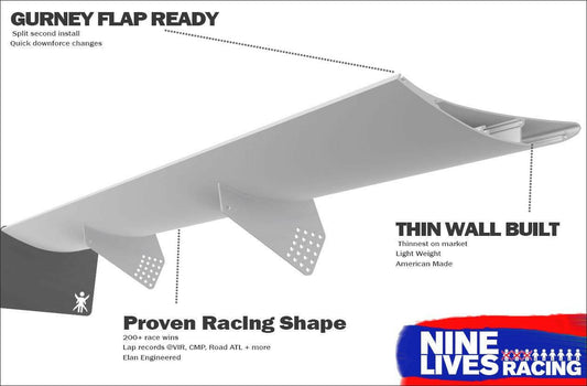 A technical illustration of the Mustang Big Wang Kit '94-‘98 SN95 from 9livesracing. Features include Gurney flap readiness, thin wall construction, and a proven racing shape with over 200 wins. Made with extruded aluminum wings for an optimized lift to drag ratio. The 9livesracing logo is in the bottom right corner.