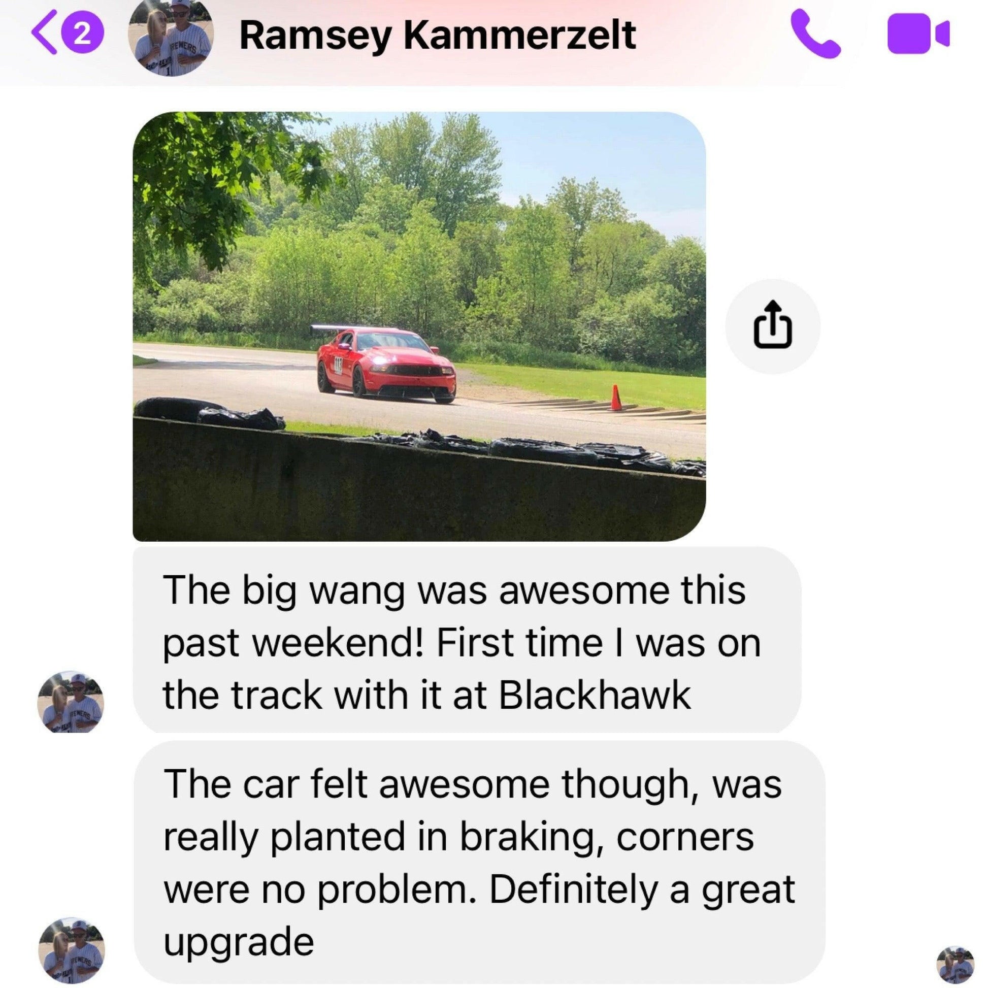 A screenshot of a Facebook Messenger conversation with a person named Ramsey Kammerzelt. The image shows a red sports car on a race track. The text below reads: "The Mustang Big Wang Kit '10-14 S197 II from 9livesracing was awesome this past weekend! It was my first time on the track with it at Blackhawk. With the downforce adjustment, the car felt planted in braking; corners were no problem. Definitely a great upgrade.