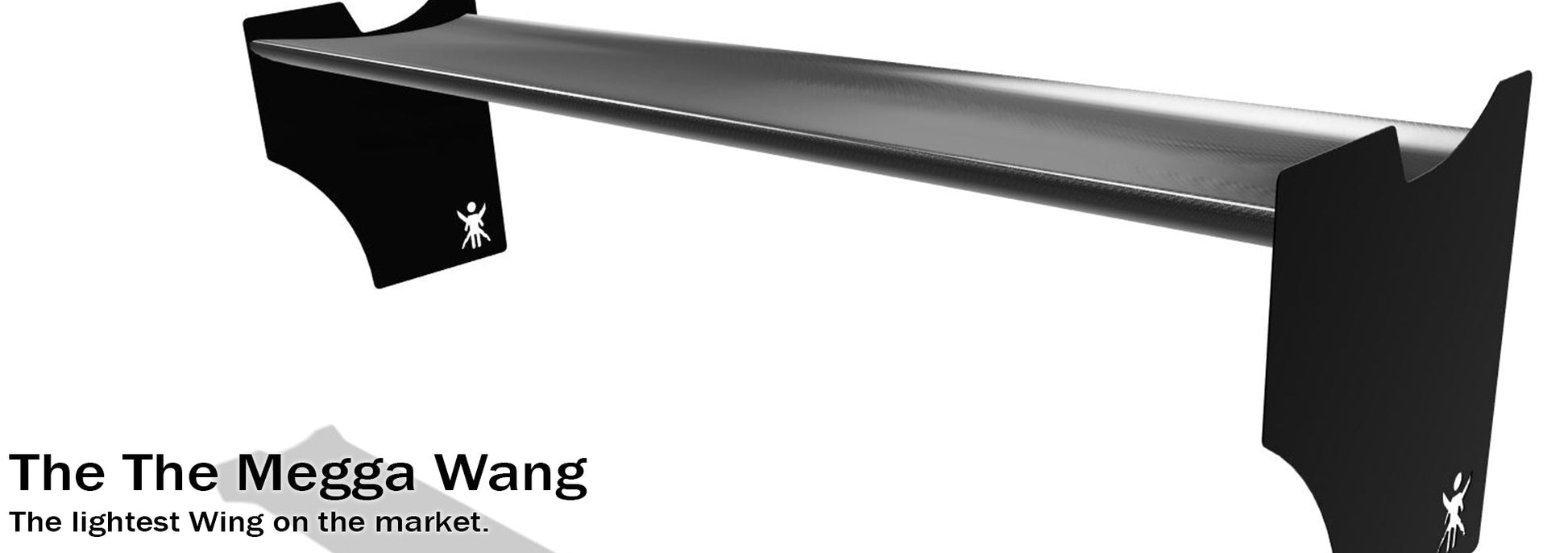 Introducing the Mustang Big Wang Kit '14+ S550 by 9livesracing: a large, aerodynamic car spoiler designed to enhance Mustang performance. This sleek black spoiler, featuring minimalistic end plates and crafted for maximum down-force, is labeled as "The lightest Wing on the market." The design also includes a small logo depicting a stick figure on the end plates.