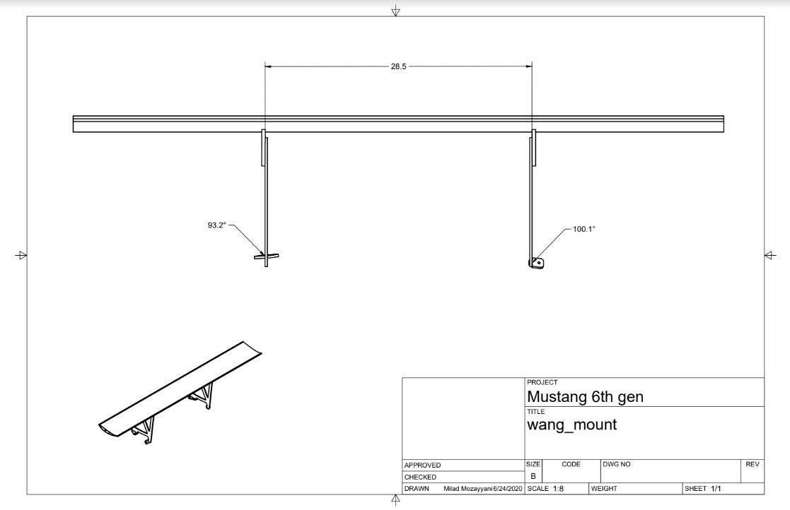 Technical drawing of a rear wing mount for a 6th generation Mustang, designed to enhance Mustang performance. The top view shows mounting dimensions as 28.5 inches wide, while side views show heights of 100.1 and 91.2 inches respectively. The drawing, titled "Mustang Big Wang Kit '14+ S550" by 9livesracing, is scaled at 1:8.
