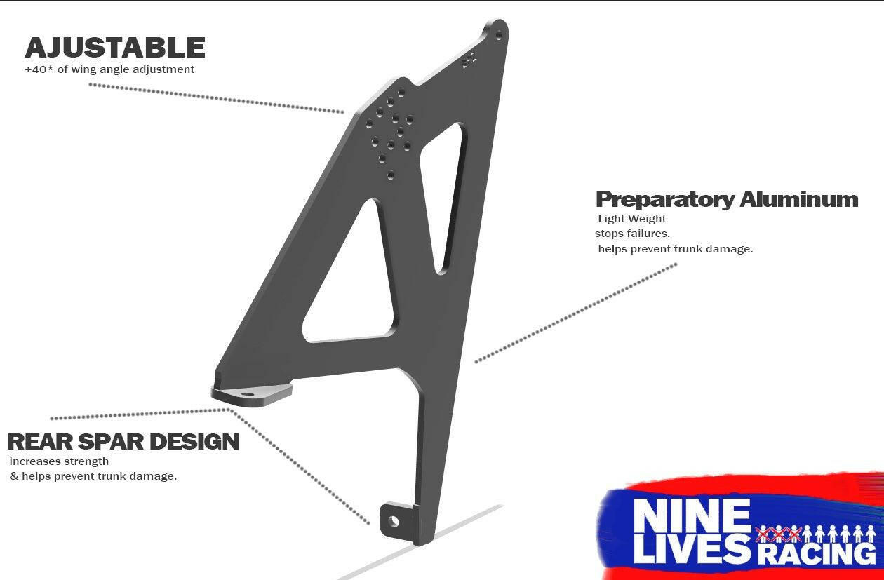 An illustration of the Mustang Big Wang Kit '10-14 S197 II from 9livesracing. The image highlights three features: adjustable wing angle (+/-0°) for downforce adjustment, lightweight preparatory aluminum, and a rear spar design for added strength and trunk protection. The 9livesracing logo is at the bottom right.