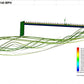 A computational fluid dynamics (CFD) simulation visual showing air flow around a Mustang Big Wang Kit '94-‘98 SN95 at 140 MPH. Green lines represent flow trajectories around the extruded aluminum wings from 9livesracing, while a side color bar indicates velocity. The image includes labels and axes for reference.