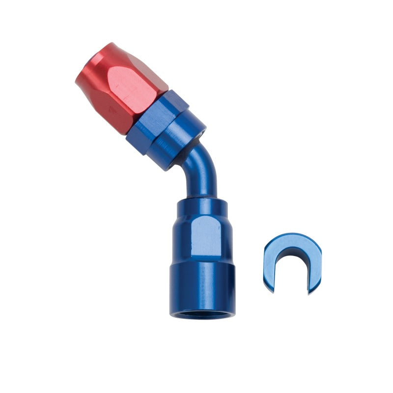 Russell Performance 3/8in SAE Quick Disc Female to -6 Hose Red/Blue 45 Degree Hose End