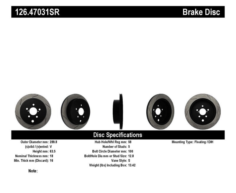 StopTech Power Slot 13 Scion FR-S / 13 Subaru BRZ Rear Right Slotted Rotor