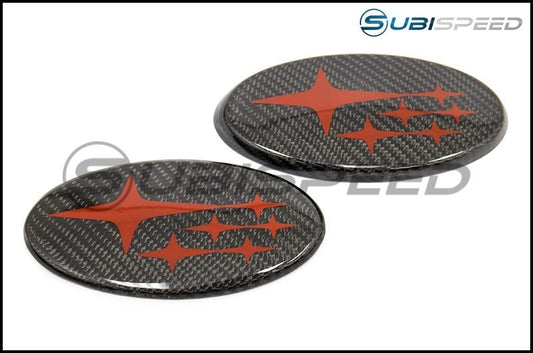 JDM Station Front and Rear Carbon Fiber Frameless Emblem Set Red Stars - 2015-2018 WRX STI -